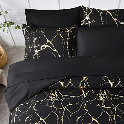 Yogeneg Gold Metallic Marble Comforter Set Queen Size,7 Piece Bed in a Bag,Foil Print Glitter Black Comforter and Sheet Set,All Season Soft Microfiber Complete Bedding Sets(Black,Queen)