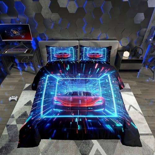 Erosebridal Boys Sports Car Queen Comforter Set for Kids Racing Car Bedding Set Sports Race Car Down Comforter Colorful Cool Neon Quilt Lightning Duvet Insert 3Pcs Bedding Room Decor