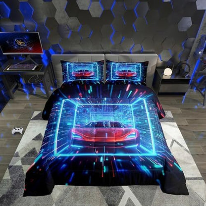 Erosebridal Boys Sports Car Toddler Comforter Set for Kids Racing Car Bedding Set Sports Race Car Down Comforter Colorful Cool Neon Quilt Lightning Duvet Insert 2Pcs Bedding Room Decor