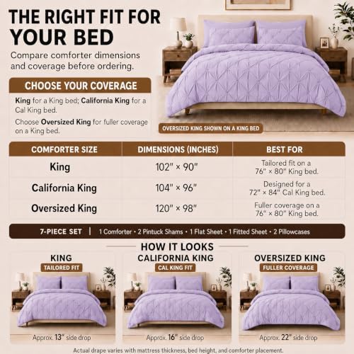 HIMEET King Size Comforter Set Lavender - 7 Pieces Pintuck Bed in a Bag
