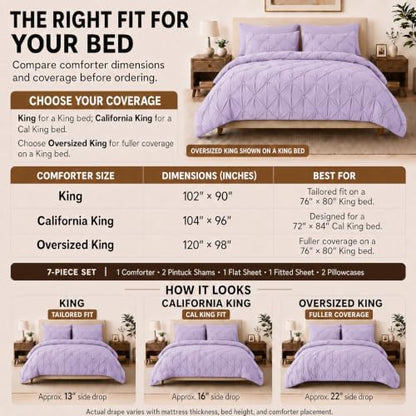 HIMEET King Size Comforter Set Lavender - 7 Pieces Pintuck Bed in a Bag
