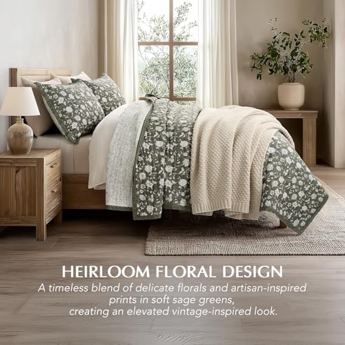 EverGrace 100% Cotton Floral Quilt Set, Queen Size, Sage Green 92"×96"