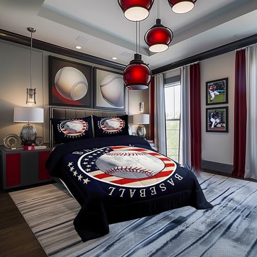 Castle Fairy Boys Baseball Comforter Set American Flag Bedding Set for Kids Teens Adults Sports Baseball Comforter Navy and Red Quilted Duvet Set Bedroom Collection Twin Size 2Pcs