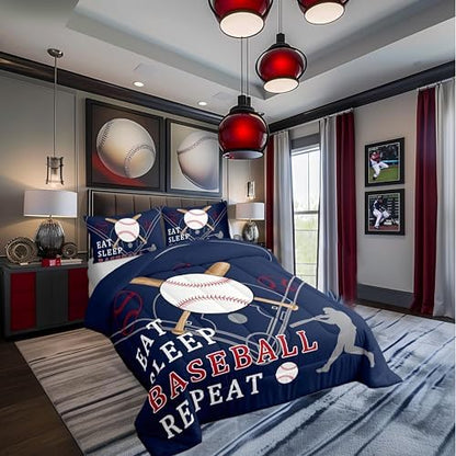 Castle Fairy Kids Baseball Gaming Twin Size Comforter Set,Softball Navy Blue Duvet Set Soft Bed Collection,Ball Games Sport Theme Bedding Comforter for Boys Girls Bedroom,2 Pcs