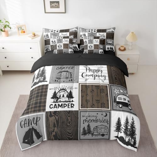 Erosebridal Happy Camping Twin Comforter Set 7 Piece,Rv Camper Bed in A Bag for Boys Adults Men,Camper Decor Bedding for Travel Trailers Bunk,Rustic Farmhouse Buffalo Plaid Bed Set Brown Grey