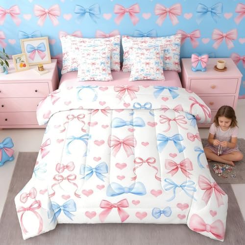 Erosebridal Princess Bow Queen Comforter Set with Sheets | Pink Bow Tie 7-Piece Bedding Set Blue Ribbon Bowknot Bed in a Bag, Girly Kawaii Love Hearts Bed Sets