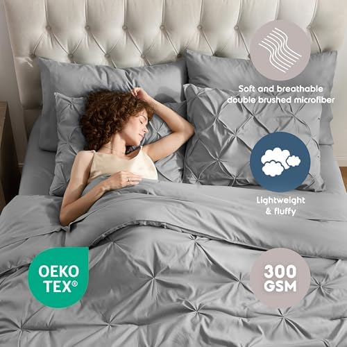 Nestl 9 Piece California King Comforter Set – Grey Pinch Pleated Bed in a Bag – Complete Cal King Size Bedding Set with Sheets, Set of 2 Cooling Pillows, Pillowcases and Shams