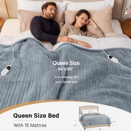 Heated Electric Blanket Queen, Dual Control 84" x 90", Ivory Gray