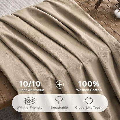 JELLYMONI 100% Washed Cotton Fall Dusty Khaki Duvet Cover Queen, Linen-Like