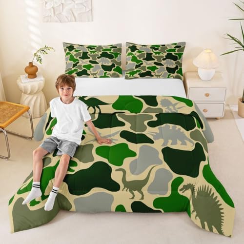 Feelyou Green Dinosaur Comforter Set All Season Camouflage Bedding Set with 1 Pillow Cases Green Camo Dino Microfiber Kids Twin Bedclothes Bedroom Decor Duvet Quilt Breathable Soft Lightweight
