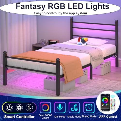J.Fkne Twin Bed Frame with LED Lights & Charging Station, Metal Platform Bed with Headboard, Heavy Duty Metal Slats, No Box Spring Needed, Noise Free, Easy Assembly, Black