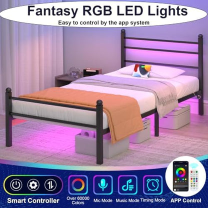 J.Fkne Twin Bed Frame with LED Lights & Charging Station, Metal Platform Bed with Headboard, Heavy Duty Metal Slats, No Box Spring Needed, Noise Free, Easy Assembly, Black
