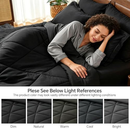 BEDELITE Queen Comforter Set 7 Pieces, Solid Black Bed in A Bag