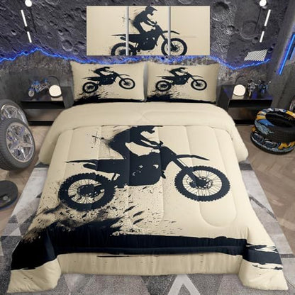 Feelyou Cool Motocross Comforter Set Toddler Size Dirt Bike Bedding Set Ultra Soft Motorcycle Racer Comforter for Kids Boys Girls Motorcycle Duvet Quilt Bedroom Decor Motorbike Quilt