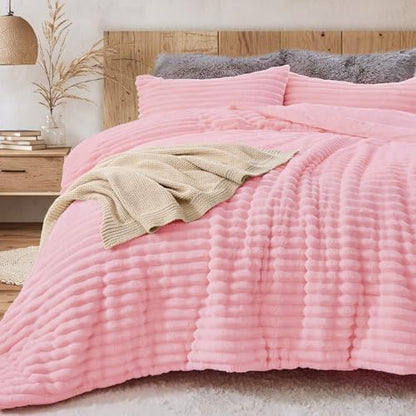 Sasttie Fluffy King Comforter Set, 3-Piece Soft Fleece Bedding, Pink