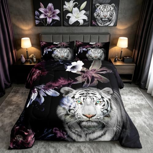Castle Fairy Tiger Comforter Set King,Purple Flowers Quilt Set for Kids Teens Women Adults Room Decor,3D Print Wild Animals Plants Bedding Set Romantic Ultra Soft Bedspread 3pcs,2 Pillowcases,Black