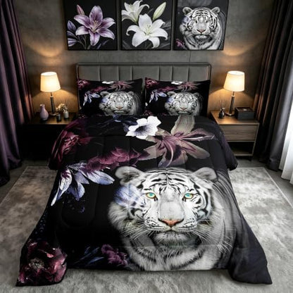 Castle Fairy Tiger Comforter Set King,Purple Flowers Quilt Set for Kids Teens Women Adults Room Decor,3D Print Wild Animals Plants Bedding Set Romantic Ultra Soft Bedspread 3pcs,2 Pillowcases,Black
