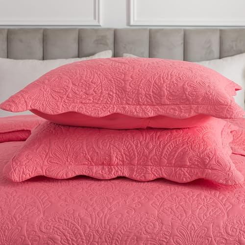 HoneiLife Quilt Sets King Size - Microfiber Bedspreads for King Bed, 3-Piece Lightweight Coverlets, Retro Bedlinen Sets, King Quilt Bedding Set All Season Use-Sugar Coral