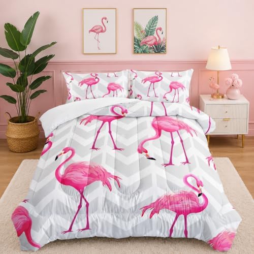 Flamingo Comforter Set - Full Size Tropical Geometric Stripe Bedding Set with 1 Comforter and 2 Pillowcases
