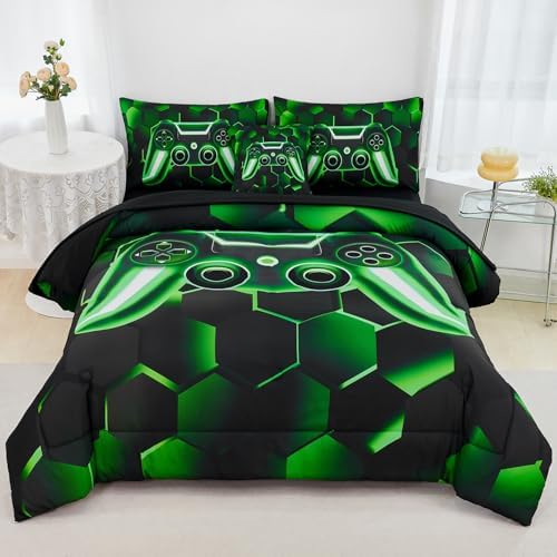 URBONUR Black Green Gaming Twin Comforter Set for Boys 6Pcs Bed in A Bag