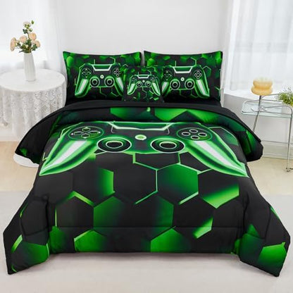 URBONUR Black Green Gaming Twin Comforter Set for Boys 6Pcs Bed in A Bag