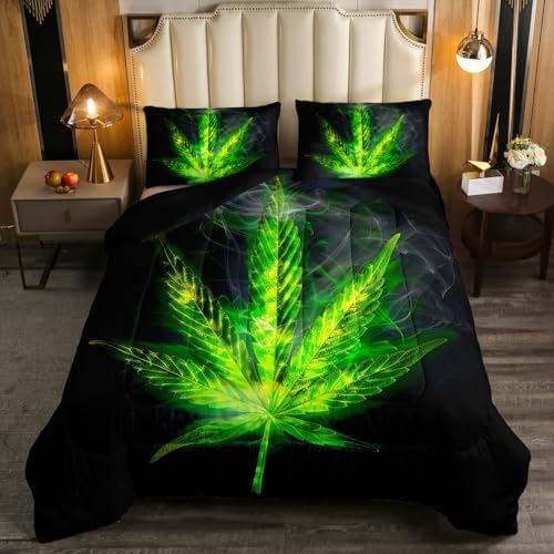 Erosebridal Boho Plant Comforter Set Twin Size, Adult Bohemia Leaves Bedding Set, Exotic Leaves Rustic Down Comforter for Kids Teens Women, Maple Leaf Quilted Duvet Bedroom Decor, Green Black