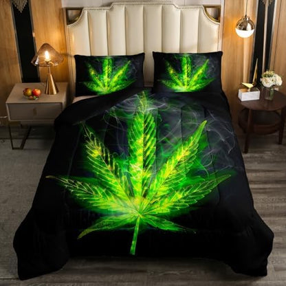 Erosebridal Boho Plant Comforter Set Twin Size, Adult Bohemia Leaves Bedding Set, Exotic Leaves Rustic Down Comforter for Kids Teens Women, Maple Leaf Quilted Duvet Bedroom Decor, Green Black