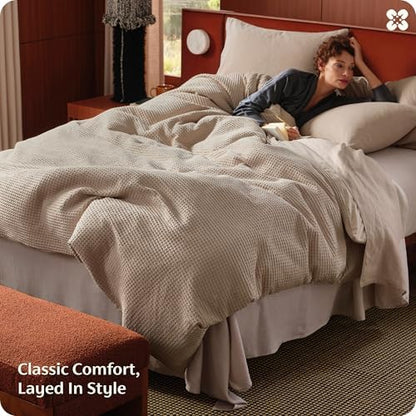 Bedsure PureWoven Cotton Waffle Weave Duvet Cover, Khaki, Duvet Cover Only