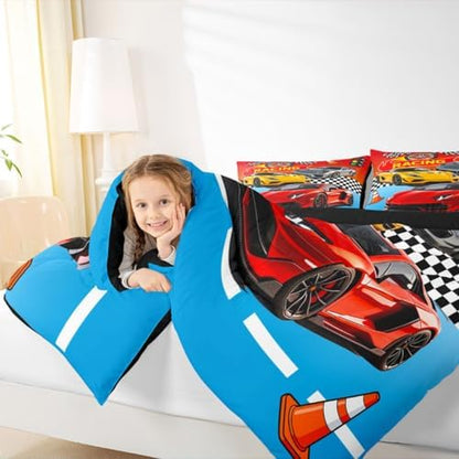 Feelyou Boys Race Car Bedding Set Soft for Boys Girls, Speed Sports Car Comforter Set King Size Racing Duvet Quilt Microfiber Extreme Sports Bedroom Decor Automobile 3 Pcs with 2 Pillow Cases