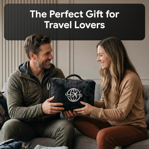 2-in-1 Travel Blanket and Pillow – Lightweight, Compact, Ultra Soft, Machine Washable – Handle, Luggage Sleeve, Backpack Clip – for Travel Airplane, Car, Office (Black)