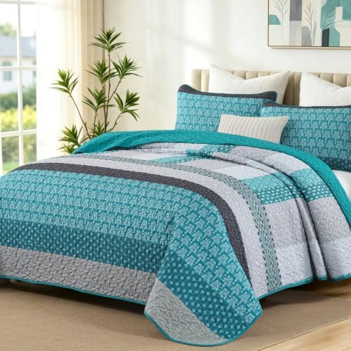 WONGS BEDDING Teal Blue King Size Quilt Set, Boho Striped Bedspread