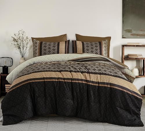 Cottolester Brown Comforter Set Queen Size,Fall Striped Bed in a Bag