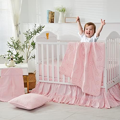Brandream Crib Bed Skirt for Baby Girls Boys Blush Pink Boho Bohemian Solid Cotton Toddler Bedskirt Farmhouse Chic Ruffle