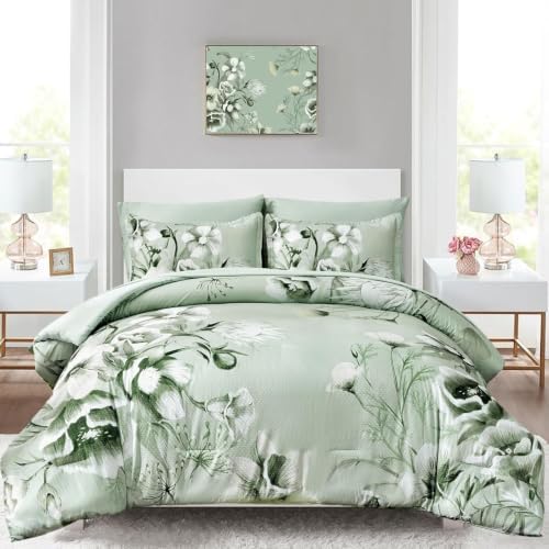 Luxudecor Floral Comforter Set King Size 7 Piece, Sage Green Flower Bed in a Bag, Elegant Floral Comforter Bed Set with Sheet Set, Soft Microfiber Bedding Set for All Season (104"x90")