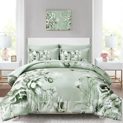 Luxudecor Floral Comforter Set King Size 7 Piece, Sage Green Flower Bed in a Bag, Elegant Floral Comforter Bed Set with Sheet Set, Soft Microfiber Bedding Set for All Season (104"x90")