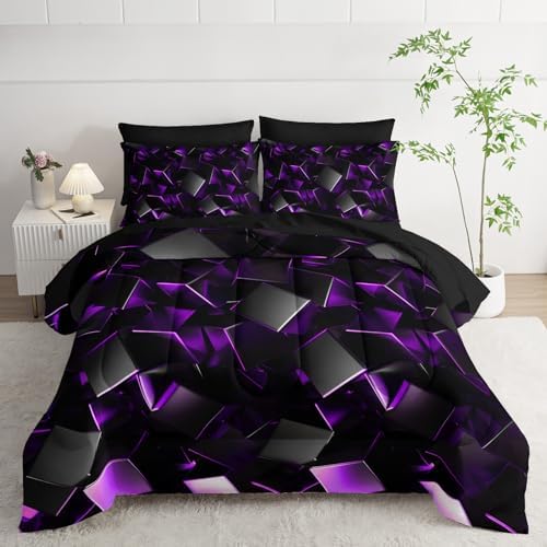 Nttopship Purple and Black Geometric Comforter Set Queen Size 7PCS,Abstract Triangular Printed Bedding Set for Adults,Geometric Mordern Art Decor All Seasons with Pillowcases,Flat, Fitted Sheet