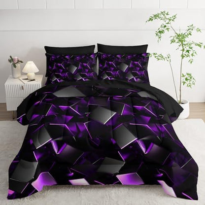 Nttopship Purple and Black Geometric Comforter Set Queen Size 7PCS,Abstract Triangular Printed Bedding Set for Adults,Geometric Mordern Art Decor All Seasons with Pillowcases,Flat, Fitted Sheet