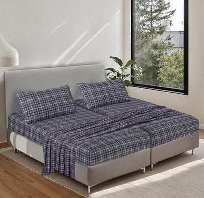 RUVANTI 100% Cotton Flannel Sheets Split King Size, Grey Plaid