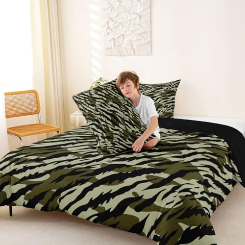 Feelyou Camouflage Comforter Set Full Size Military Style Bedding Set for Kids Boys Girls Army Green Duvet Quilt Green Camo Bedroom Decor Microfiber 3 Pcs with 2 Pillow Cases