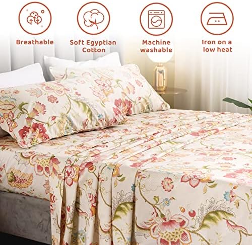 QSH Floral King Size Sheet Sets - Lotus Botanical Print Printed Bedding 100% Egyptian Cotton Sheets for King Size Bed Sheets with Deep Pockets Extra Soft and Breathable 4pcs