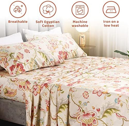 QSH Floral Bed Sheets Set - Queen Size Boho Lotus Print Bed Sheet Set - Extra Soft and Breathable 100% Egyptian Cotton - Farmhouse Bedding - 4 pcs Deep Pockets Flower Bed Sheets
