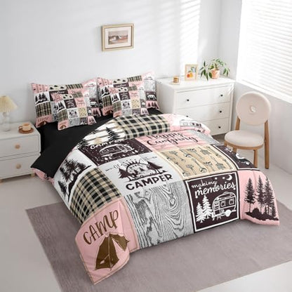 Erosebridal Girls Camping Twin Bed in A Bag 7 Piece,Pink Camper Kids Comforter Set with Sheets for Bunk,Rv Decor Bedding Comforter Sets for Travel Trailers Rustic Farmhouse Buffalo Plaid Bed Set