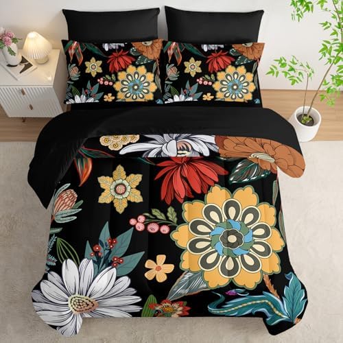 Nttopship 7 Pieces Colorful Floral Comforter Set,Bohemian Botanical Bedding Set Queen Size,Boho Farmhouse Flower Leaves Printed on Black Design,All Season Lightweight Soft Microfiber Bedding Set