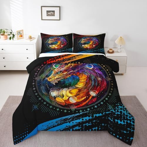 Feelyou Dragon Comforter Set Queen Size Dragon Stuff Comforter for Boys Girls Teens Wild Life Bedding Set Dragon Decor Duvet Set Room Decor Black Orange Yellow Quilt Set