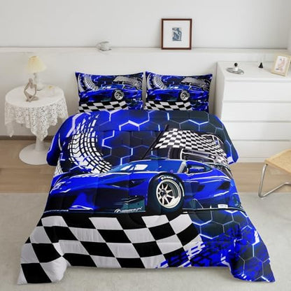 Toddler Race Car Bed,Blue Neon Lights Honeycomb Twin Bedding Set for Boys Cool Sports Car Glitter Beehive Geometric Hexagon Comforter Set,Black White Grid Lattice Quilt Buffalo Plaid Decor
