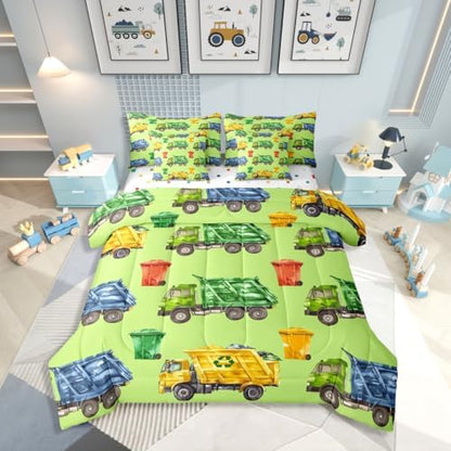 Erosebridal Boys Garbage Trucks Queen Bed in A Bag, Trash Truck Comforter Set with Sheets, Cartoon Car 7 Pieces Bedding Set for Teens Men Kids Room Decor, Colourful Trash Cans Green Bed Sets