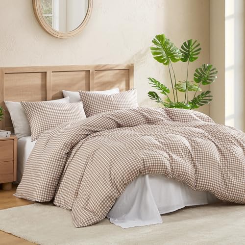 Andency Tan Gingham Duvet Cover Queen, Brown Checkered Plaid Bedding Set