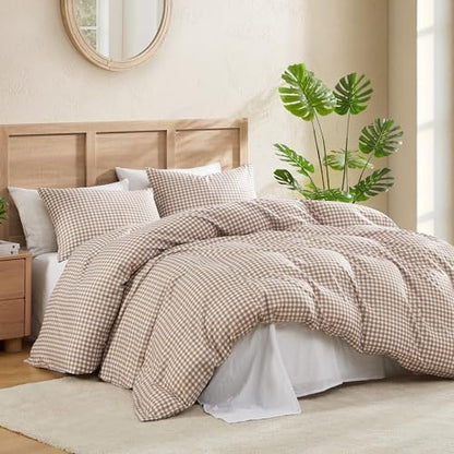 Andency Tan Gingham Duvet Cover King, Brown Checkered Plaid Bedding Set