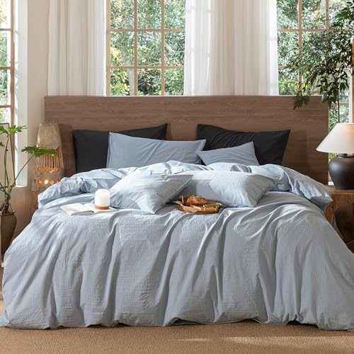 MooMee Wavy Striped Duvet Cover Set 100% Washed Cotton Linen Like Textured Breathable Durable Soft Comfy (Cornflower Blue, Super King 108"x98")