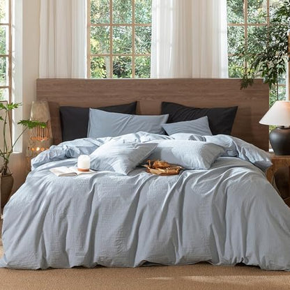 MooMee Wavy Striped Duvet Cover Set 100% Washed Cotton Linen Like Textured Breathable Durable Soft Comfy (Cornflower Blue, Super King 108"x98")